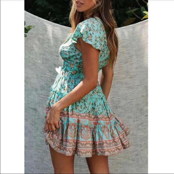 Boho Floral Gypsy Print Dress Mint Ruffle Frill - Picture 3 of 9